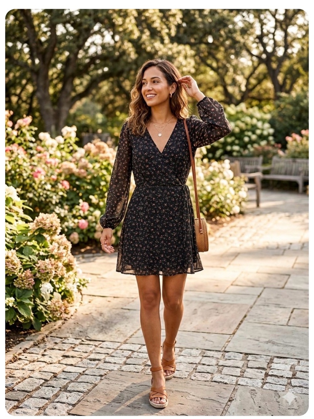 Abercrombie & Fitch (M) Floral V-Neck Long Sleeve Wrap Dress - Black